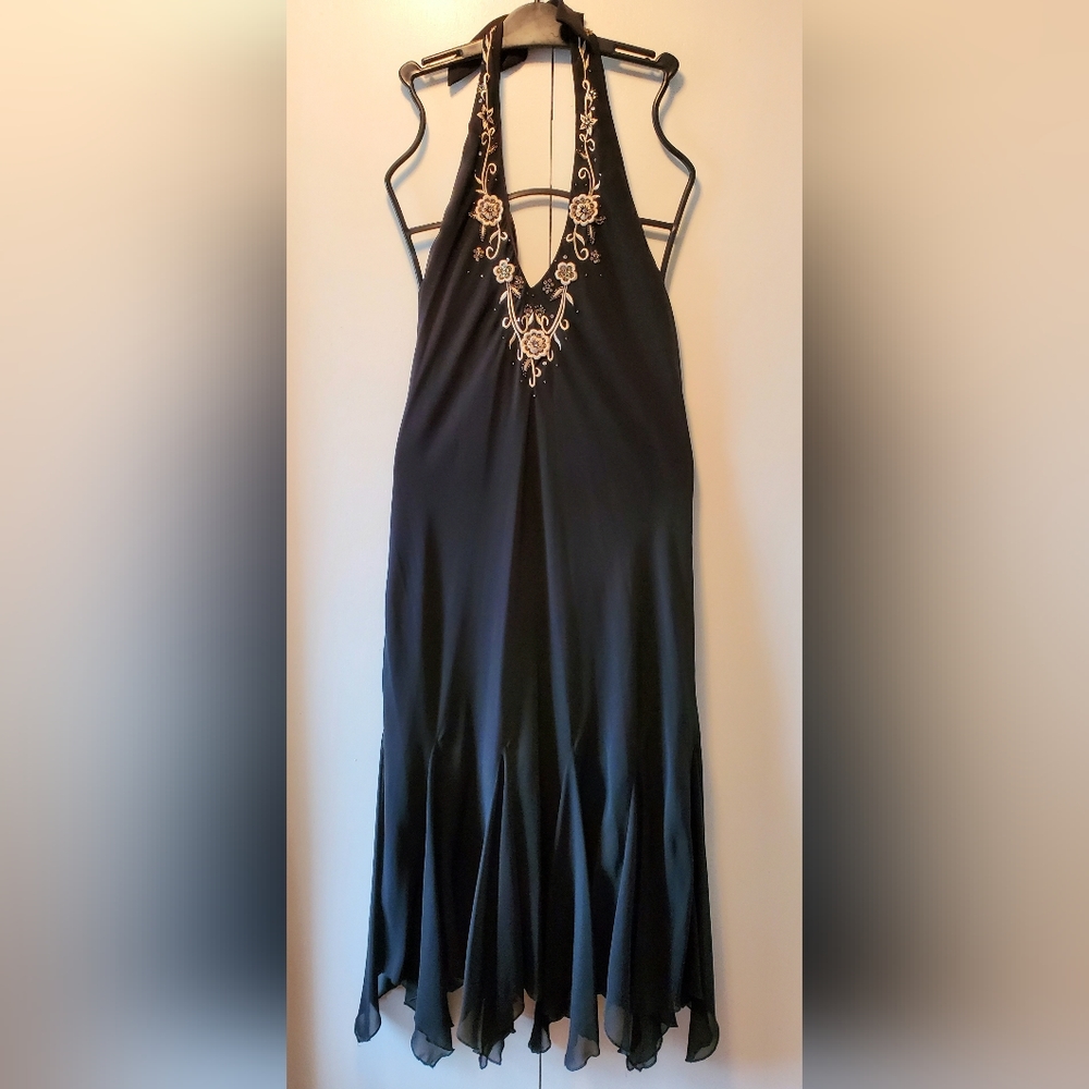 Black, flowy halter dress with embroidery, bead, and sequin embellishments